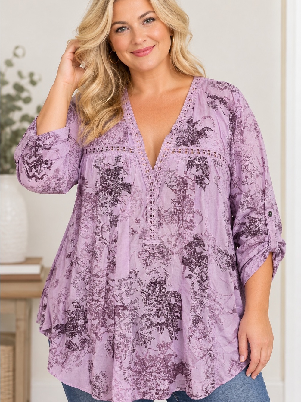 Vintage America Blues XXL Purple Floral Boho Tunic Blouse Crochet Trim